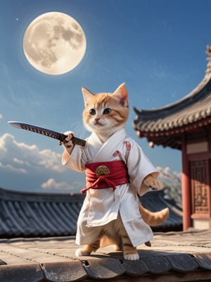 Cinematic Lighting,long shot of character, movie style, on the tile roof,a cute kitten((sword in hand, flying forward, feet off the roof)), wearing ancient Chinese robe, flowing robe, bright moon in the sky, Chinese martial arts style,
 (Masterpiece, award-winning work) many details, extremely meticulous, high quality,  real photo shot, art composition,more detail XL,,<lora:659095807385103906:1.0>