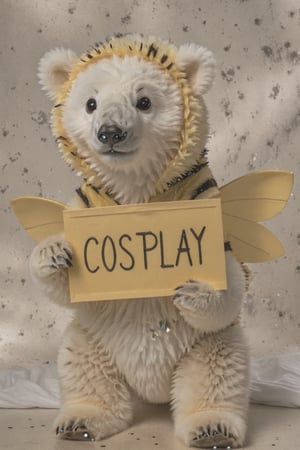 Film lighting,A cute polar bear cub,  in comically ill fitting bee-costume-, (holding sign with text ), in the style of, meticulous details, ultimate photo-realistic, (holding sign that reads "cosplay BEE" ), 32k, Photo realism, Hyper-realistic, analog style, realistic, film photography, 
 (Masterpiece, award-winning work) many details, extremely meticulous, high quality,  real photo shot, art composition,more detail XL,,,<lora:659095807385103906:1.0>