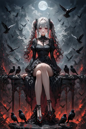 (masterpiece,ultra detailed,high-quality,8k,professional,UHD,)Gothic theme, dark theme, gothic makeup,hair ornaments, long white hair,(blunt  bangs, curly hair,twin ponytails),red eyes,ruby-like eyes , full body shot,Sit on the table, cross legs, Raise an arm, and a bird lands in the palm of  hand, surrounded by black crows,
side shot,Expressiveh