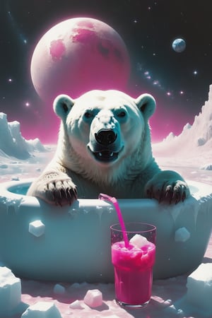 wide angle,Long distance shot, side view of the body ,A polar bear Lying in a bathtub filled with ice cubes,holding a pink drink in hand ,Ice covered him,
on the moon,.there's a galactic pink view of Earth from space, with the planet appearing to be exploding. The vastness of space is filled with stars, explosion fragments, photo,