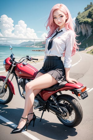(masterpiece), (best quality),(ultra-detailed),(illustration),(extremely detailed),(perfect anatomy),(super detailed skin),(detailed),(beautiful detailed eyes),1girl,solo,sitting,ridding on a motorcycle,pink hair,very long hair,curly hair,blue eyes,(school uniform), (white shirt),black tie, skirt,black thighhighs,slender figure,long legs,black high heels, eyebrows, sideways glance, light smile,sea,seaside road,photorealistic,full-body shot,long shot