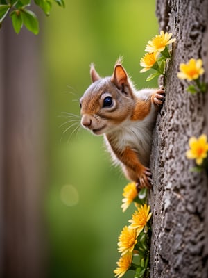A beautiful cute adorable tiny baby miniature Squirrel who peeks behind a wall, photo, cinematic, wildlife photography realistic high quality portrait image,flowers bloom bokeh background, depth of field.,more detail XL,<lora:659095807385103906:1.0>