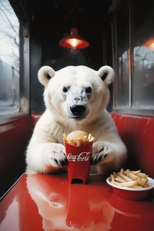 a lonely and depressed cute polar bear baby  is eating ,a hamburger and fries,Coca-Cola on the table, beside the window in a deserted cafe diner in New York in 1990s ,photographed by Miles Aldridge.white and red,full body,Wide-angle lens