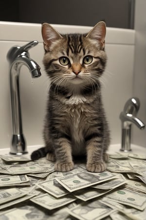 Extremely realistic, high-definition, super detailed,real cat, little cat,A real cute cat, A cat turned on the faucet and what came out was 1 million dollars banknotes