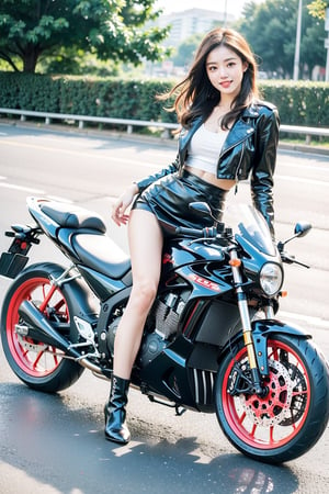 (masterpiece), (best quality),(ultra-detailed),(illustration),(extremely detailed),(perfect anatomy),(super detailed skin),(detailed),(beautiful detailed eyes),1girl,solo,punk,Patent leather jacket, black tight  bodycon leather skirt, high-heeled leather boots,Racers,ridding a Racing motorcycles,very long hair,curly hair,slender figure,long legseyebrows, sideways glance, light smile,sea,seaside road,photorealistic,full-body shot,long shot