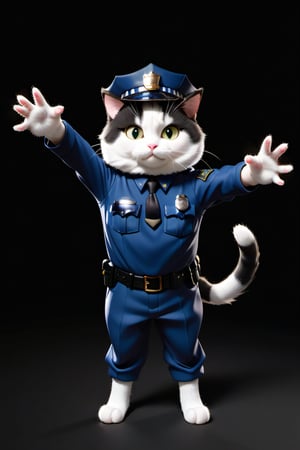 black and white cat, standing like a human ,with hands outstretched, front view, cat in police officer costume, wearing police officer hat,studio light style photographic portrait, black background, high resolution photo