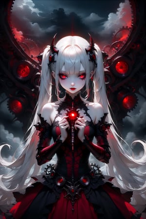 (masterpiece,ultra detailed,high-quality,8k,professional,UHD,)Gothic theme, dark theme, gothic makeup,hair ornaments, long white hair,(blunt  bangs, curly hair,twin ponytails),red eyes,ruby-like eyes , A  girl,, albino demon princess,  evil mechanical body exudes an eerie beauty. Her pale skin contrasts with her intricate, dark, metallic limbs and torso, adorned with sinister gears and glowing red eyes. This chillingly beautiful figure commands a presence that is both mesmerizing and terrifying.,sad, mechanical arms,holding gun with both hands,
above the cloud