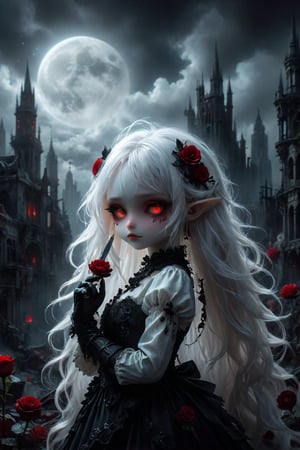 A cybernetic gothic girl ,a ruined cityscape,very long white hair flowing in the wind . red eyes glow like red rubies,  The full moon ,chibi doll,holding a knife in hand,black roses