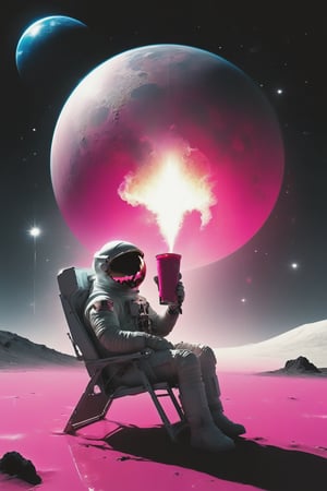 An astronaut sitting on a striped pink and white beach chair under an pink and white parasol with a drink in hand on the moon. The astronaut is wearing a silver spacesuit with a reflective helmet. Behind the astronaut, there's a galactic pink view of Earth from space, with the planet appearing to be exploding. The vastness of space is filled with stars, explosion fragments, and the moon's surface is dotted with rocks and craters., photo