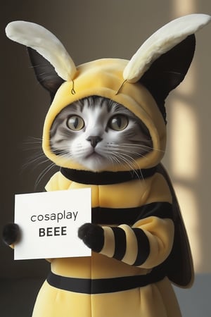 Realistic photograph of a cat in comically ill fitting bee-costume-, (holding sign with text ), full body,in the style of, meticulous details, ultimate photo-realistic, still life, (holding sign that reads "cosplay BEE" ), david teniers the younger, charming character illustrations, use of screen tones, 32k, subsurface scattering, Photo realism, Hyper-realistic, analog style, realistic, film photography, soft lighting, heavy shadow