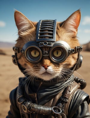 A cat dressed as  a character from the movie Mad Max,big eyes,high resolution photo,Big round cat pupils,