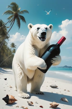 A real depressed polar bear  holding a black plastic bag in one hand ,walks on the beach. wine bottle,Conches and shells are scattered on the beach. The background is blue sky and sea, distant view, a tropical island with coconut trees,  full body shot, side view, long shot,photo,photographed by Miles Aldridge,realistic