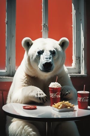 a lonely and depressed little cute polar bear baby  is eating , hamburger and fries,Coca-Cola on the table,window , Dining room, in New York in1990s,photographed by Miles Aldridge,white and red,full body,super wide angle,side view,dark