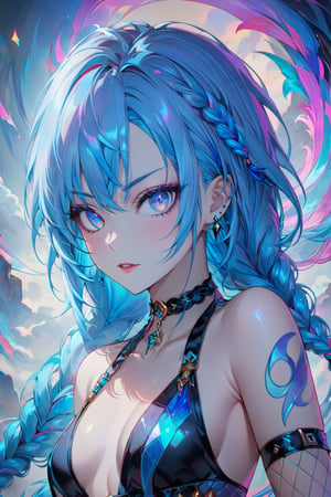 ((masterpiece)), (ultra-detailed), Abstract style cute, smoke,colorful and vibrant, mystical colors, contemporary impressionism,upper body shot,Jinx from Arkane, dynamic pose,
extremely detailed skin, extra detailed face, high detail eyes, 1girl, solo, long hair,looking at viewer, Jinx clothing, long twin braids,bangs, blue eyes, bare shoulders, jewelry, blue hair,parted lips, choker,piercing, arm tattoo, shoulder tattoo ,crystal,
more detail XL,yanjun cheng painting, iridescent perspective view , UHD, HDR, 8K, the most beautiful painting in the world, Non-representational, colors and shapes, expression of feelings, imaginative,more detail ,jinx (league of legends)