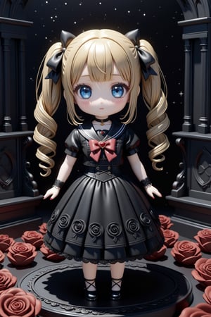 (3D-figure,chibi,blythe-doll,)(masterpiece,ultra detailed,high-quality,8k,professional,UHD,)Gothic theme, Sailor Moon,hairstyle of Usagi Tsukino in Sailor Moon  ,golden blonde, twin ponytails,  curly, ribbons, dreamy ,Monochrome gothic environment,red roses,bright clear blue_eyes,