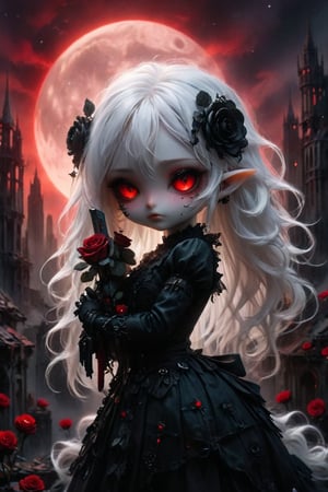 A cybernetic gothic girl ,a ruined cityscape,very long white hair flowing in the wind . red eyes glow like red rubies,  The full moon ,chibi doll,holding a knife,black roses