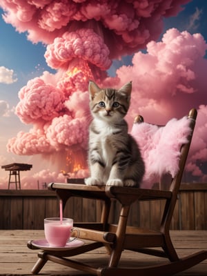 Film lighting,A cute kitten sits on an old-fashioned wooden rocking chair, holding a cup of pink drink. Behind the cat,  a huge   Nuclear Bomb cloud rises in the sky ,long shot,
 (Masterpiece, award-winning work) many details, extremely meticulous, high quality,  real photo shot, art composition,more detail XL,,,<lora:659095807385103906:1.0>