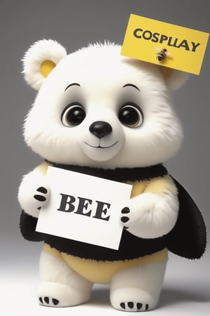 Realistic photograph of a cute polar bear cub in comically ill fitting bee-costume-, (holding sign with text ), full body,in the style of, meticulous details, ultimate photo-realistic, still life, (holding sign that reads "cosplay BEE" ), david teniers the younger, charming character illustrations, use of screen tones, 32k, subsurface scattering, Photo realism, Hyper-realistic, analog style, realistic, film photography, soft lighting, heavy shadow