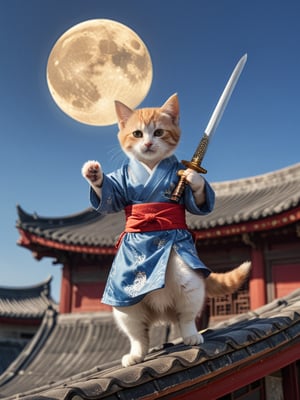 long shot of character, movie style, on the tile roof,a cute kitten((sword in hand, flying forward, feet off the roof)), wearing ancient Chinese robe, flowing robe, bright moon in the sky, Chinese martial arts style,Cinematic Lighting,
 (Masterpiece, award-winning work) many details, extremely meticulous, high quality,  real photo shot, art composition,more detail XL,,,<lora:659095807385103906:1.0>