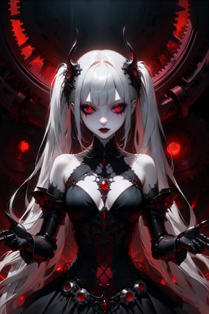 (masterpiece,ultra detailed,high-quality,8k,professional,UHD,)Gothic theme, dark theme, gothic makeup,hair ornaments, long white hair,(blunt  bangs, curly hair,twin ponytails),red eyes,ruby-like eyes , A  girl,, albino demon princess, with an evil mechanical body exudes an eerie beauty. Her pale skin contrasts with her intricate, dark, metallic limbs and torso, adorned with sinister gears and glowing red eyes. This chillingly beautiful figure commands a presence that is both mesmerizing and terrifying.,sad, mechanical arms,finger gun