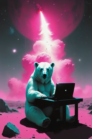 A polar bear sitting at a table and using a typewriter with a pink drink on the table, wide angle, long shot,on the moon.  Behind the polar bear , there's a galactic pink view of Earth from space, with the planet appearing to be exploding. The vastness of space is filled with stars, explosion fragments, and the moon's surface is dotted with rocks and craters., photo,full body,long shot, wide angle