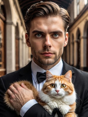 Cinematic lighting,bright natural light,Create an image of an individual in a Black suit uniform and black tie, holding an orange and white cat with big eyes. capturing the essence of elegance and companionship between individual and pet.
photo realism, DSLR, 8k uhd, hdr, ultra-detailed, high quality, high contrast (Masterpiece, award-winning work) many details, extremely meticulous, high quality, real photo shot, art composition,more detail XL
