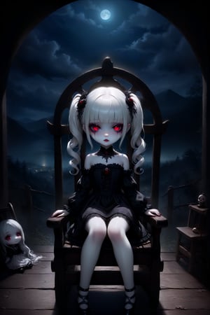 (masterpiece,ultra detailed,high-quality,8k,professional,UHD,)Gothic theme, dark theme, gothic makeup,hair ornaments, long white hair,(blunt  bangs, curly hair,twin ponytails),red eyes,ruby-like eyes , A  girl,, Chinese (white porcelain) doll with a cracked face and limbs sitting on an old wooden rocking chair in a cabin, evil eyes, black goth dress, haunting lighting effect, detailed, cinematic, atmospheric, digital painting, eerie atmosphere, character design by Jasmine Becket-Griffith and Mark Ryden, gothic style, 4k resolution, (pale albino skin:1.4), (glass skin textures), (night:1.4), (dark:1.4), (moonlit:1.4), (dark skies:1.4)