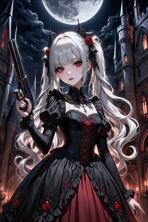 (masterpiece,ultra detailed,high-quality,8k,professional,UHD,)Gothic theme, dark theme, gothic makeup,hair ornaments, white hair,(blunt  bangs, curly hair,twin ponytails),red eyes,ruby-like eyes,gothic dress,Castle, moonlit night, One hand holds a gun and points it at the sky
