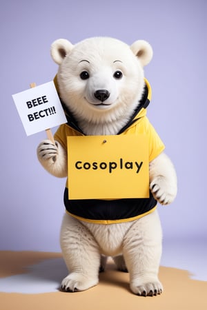 Film lighting,A cute polar bear cub, Wearing a cute bee costume, Dressed up like a huge bee,(holding sign with text ), in the style of, meticulous details, ultimate photo-realistic, (holding sign that reads "cosplay BEE" ), 32k, Photo realism, Hyper-realistic, analog style, realistic, film photography, 
 (Masterpiece, award-winning work) many details, extremely meticulous, high quality,  real photo shot, art composition,more detail XL,,,,<lora:659095807385103906:1.0>