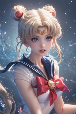 Masterpiece,Usagi Tsukino from Sailor Moon, (hair styled into two hair buns on the top of head, with twin tales swaying),(double bun),(long, golden hair,)dynamic pose, (UHD, 8K wallpaper, High resolution), Cinematic lighting, award-winning, upper body shot, extremely  detailed skin, extra detailed face, high detail eyes,blue crystal big eyes,Sailor Moon clothing,, photo-realistic, Zeiss 85 mm F/1.4, sailor moon