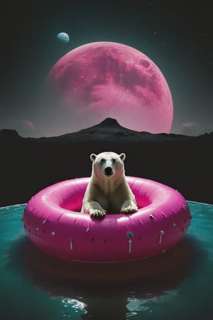 A polar bear sitting in a flamingo-shaped swim ring in a private swimming pool with a drink in hand, full body,wide angle, long shot,side view,on the moon. there's a galactic pink view of Earth from space. The vastness of space is filled with stars, explosion fragments, and the moon's surface is dotted with rocks and craters., photo,