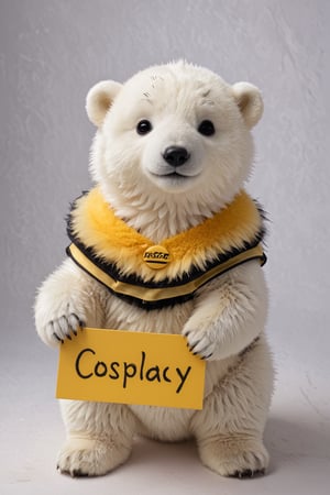 Film lighting,A cute polar bear cub, Wearing a cute bee costume, (holding sign with text ), in the style of, meticulous details, ultimate photo-realistic, (holding sign that reads "cosplay BEE" ), 32k, Photo realism, Hyper-realistic, analog style, realistic, film photography, 
 (Masterpiece, award-winning work) many details, extremely meticulous, high quality,  real photo shot, art composition,more detail XL,,,<lora:659095807385103906:1.0>