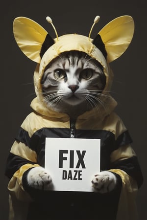 Realistic photograph of a cat in comically ill fitting bee-costume-, (holding sign with text ), in the style of, meticulous details, ultimate photo-realistic, still life, (holding sign that reads "fix buzz plz" ), david teniers the younger, charming character illustrations, use of screen tones, 32k, subsurface scattering, Photo realism, Hyper-realistic, analog style, realistic, film photography, soft lighting, heavy shadow
