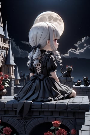 (3D-figure,chibi,blythe-doll,)(masterpiece,ultra detailed,high-quality,8k,professional,UHD,)Gothic theme, dark theme, black gothic dress, gothic makeup,  sitting on the edge of a castle roof, her feet dangling in the air, back view, moon,moonlight shining, a forlorn expression,hair ornaments, white hair,(blunt  bangs, curly hair,twin ponytails),red eyes,ruby-like eyes,black carpet floor,black cats,bunches,roses