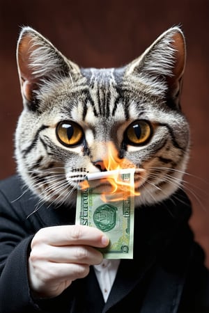 Enlarged round cat pupils,extreme real world, high definition, real photos, masterpieces, supplementary details, A cute cat dressed as a gangster holds a burning banknote in one hand and prepares to light a cigarette in mouth