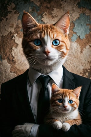 Create an image of an individual in a Black suit and shirt tie, holding an orange and white cat with piercing blue eyes. The setting should have soft, cool-toned colors that make the black suit stand out, capturing the essence of elegance and companionship between individual and pet.
