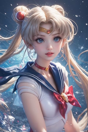Masterpiece,Usagi Tsukino from Sailor Moon, (hair styled into double bun on the top of head, with twin tales swaying),（long, golden hair,）dynamic pose, (UHD, 8K wallpaper, High resolution), Cinematic lighting, award-winning, upper body shot, extremely  detailed skin, extra detailed face, high detail eyes,blue crystal big eyes,Sailor Moon clothing,, photo-realistic, Zeiss 85 mm F/1.4, sailor moon
