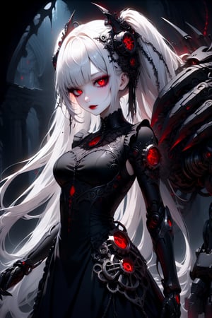 (masterpiece,ultra detailed,high-quality,8k,professional,UHD,)Gothic theme, dark theme, gothic makeup,hair ornaments, long white hair,(blunt  bangs, curly hair,twin ponytails),red eyes,ruby-like eyes , A  girl,, albino demon princess, with an evil mechanical body exudes an eerie beauty. Her pale skin contrasts with her intricate, dark, metallic limbs and torso, adorned with sinister gears and glowing red eyes. This chillingly beautiful figure commands a presence that is both mesmerizing and terrifying.,sad, mechanical arms