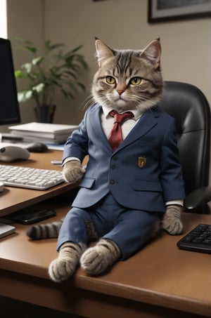 Extremely realistic, high-definition, super detailed,real cat, little cat,A real cute cat, In front of the computer,Wearing a suit, sitting at the desk, passed out from exhaustion