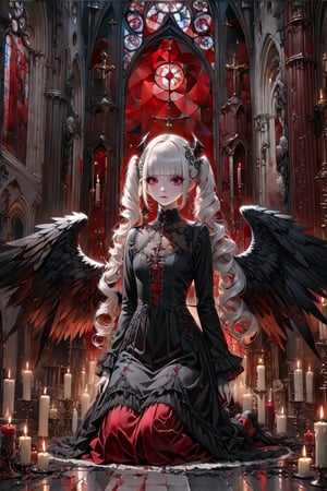 (masterpiece,ultra detailed,high-quality,8k,professional,UHD,)Gothic theme, dark theme, gothic makeup,hair ornaments, long white hair,(blunt  bangs, curly hair,twin ponytails),red eyes,ruby-like eyes , full body shot,Big black wings, fallen angel, candle, kneeling, side view, church, artistic composition, golden ratio,oil paint 