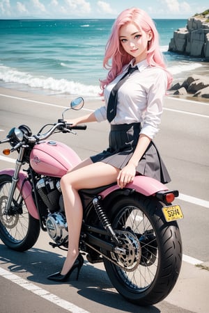(masterpiece), (best quality),(ultra-detailed),(illustration),(extremely detailed),(perfect anatomy),(super detailed skin),(detailed),(beautiful detailed eyes),1girl,solo,Sitting astride the motorcycle ,a motorcycle,Hand mounted on handle,pink hair,very long hair,curly hair,blue eyes,(school uniform), (white shirt),black tie, skirt,black thighhighs,slender figure,long legs,black high heels, eyebrows, sideways glance, light smile,sea,seaside road,photorealistic,full-body shot,long shot