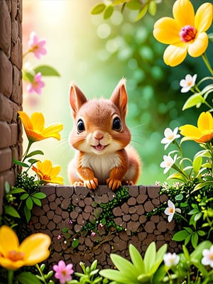 A beautiful cute adorable tiny baby miniature Squirrel who peeks behind a wall, photo, cinematic, wildlife photography realistic high quality portrait image,flowers bloom bokeh background, depth of field.