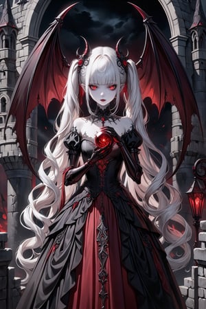 (masterpiece,ultra detailed,high-quality,8k,professional,UHD,)Gothic theme, dark theme, gothic makeup,hair ornaments, long white hair,(blunt  bangs, curly hair,twin ponytails),red eyes,ruby-like eyes , A  girl,, albino demon princess,  exudes an eerie beauty. Her pale skin contrasts with her intricate, dark, metallic limbs and torso, adorned with glowing red eyes. This chillingly beautiful figure commands a presence that is both mesmerizing and terrifying.,sad, mechanical arms,Standing on the castle roof, Holding a huge bat in the palm of his hand