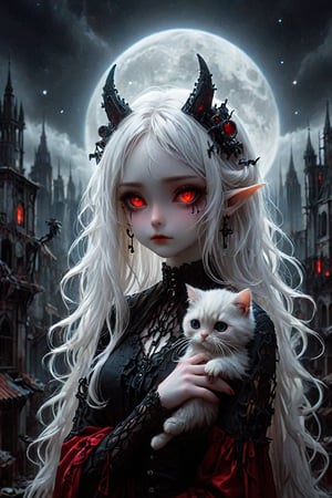 A cybernetic gothic girl ,a ruined cityscape,very long white hair flowing in the wind . red eyes glow like red rubies,  The full moon ,chibi doll,holding a cat