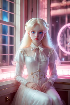 (white porcelain)  a doll , long blonde hair, blue eyes,  haunting lighting effect, character of Sailor Moondetailed, cinematic, atmospheric, digital painting, 4k resolution, (pale albino skin:1.4), (glass skin textures),  dressed in pink, sits in an indoor environment filled with pink tones. Her clothing design has a retro elementhe , and the overall atmosphere is elegant and dreamy. The main color of the environment is pink