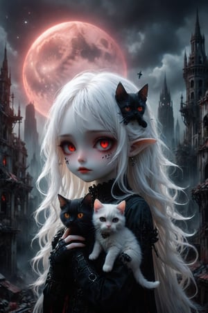 A cybernetic gothic girl ,a ruined cityscape,very long white hair flowing in the wind .  red eyes glow like red rubies, The full moon ,chibi doll,holding a cat 