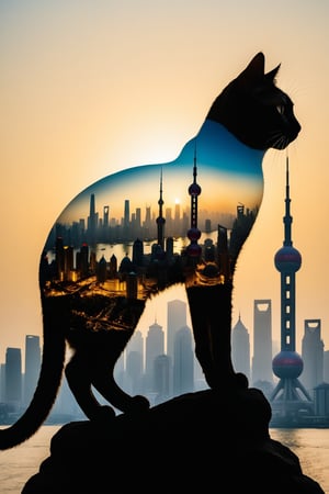 (Masterpiece, award-winning work) Silhouette of a cat filled with the scene of the Oriental Pearl of Shanghai, double exposure