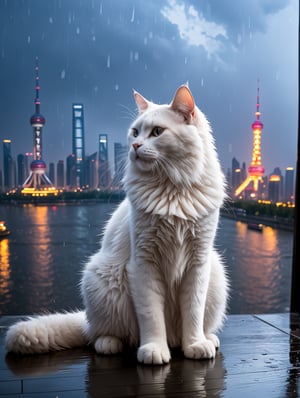 A cinematic masterpiece! A long shot captures the majestic scene: a colossal cat sprawled atop the Oriental Pearl Tower in Shanghai, umbrella in paw, as thunderstorms rage above and rain pours down. The cat's fur glistens with dew, while its eyes shine like polished onyx. In the background, city lights twinkle like diamonds. The framing emphasizes the tower's sleek curves, as a delicate balance of light and shadow defines the scene. Each strand of fur, each drop of rain, is meticulously rendered in high-definition, inviting the viewer to step into this extraordinary world.,<lora:659095807385103906:1.0>