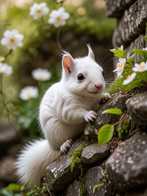 A whimsical moment captured in a cinematic still: a diminutive, fluffy white squirrel peers curiously from behind a worn stone wall. Soft focus and a shallow depth of field emphasize the subject's delicate features, while a tapestry of blooming flowers creates a lush bokeh background. The miniature marvel is bathed in warm, natural light, its tiny nose twitching with wonder.,<lora:659095807385103906:1.0>