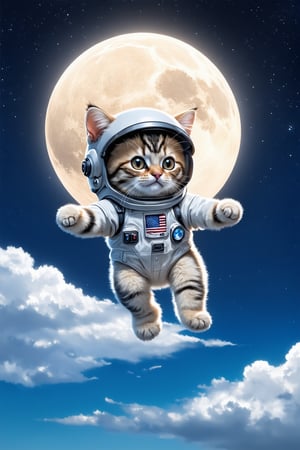 round eye pupils,A tiny, fluffy kitten clad in a miniature astronaut suit floats mid-air, defying gravity as it soars towards the vast, glowing moon. The kitten's oversized helmet and gloves make it look like a pint-sized space explorer. Stars twinkle like diamonds against the dark blue sky, while puffy white clouds drift lazily by. In the distance, the big, bright moon casts an ethereal glow on the kitten's suit. Its tiny paws and ears are outstretched as if embracing the cosmos.